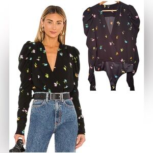 AFRM (Revolve) Black Floral Puff Sleeve Wrap Bodysuit – Size Medium